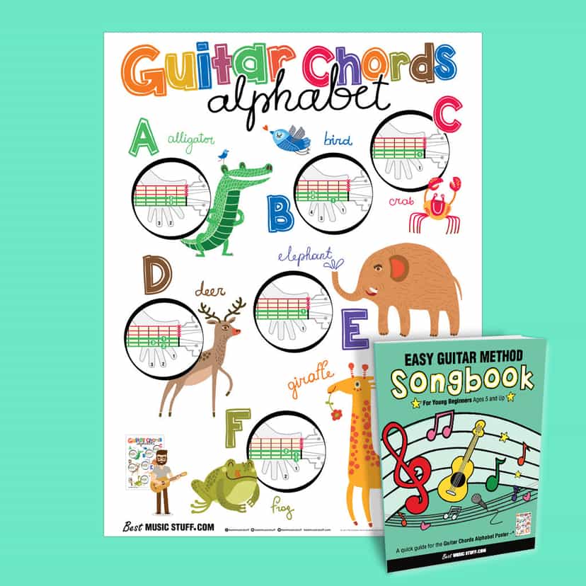 Guitar Chords Alphabet Poster with Easy Guitar Method Songbook for Kids
