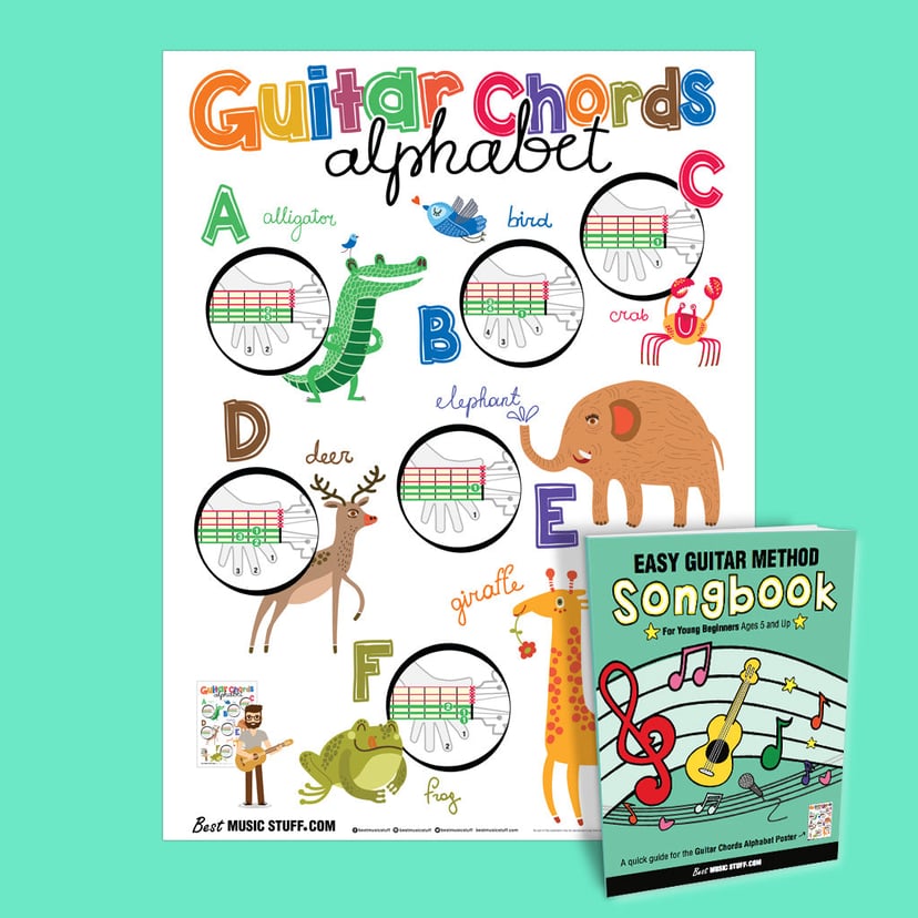 Guitar Chords Alphabet Poster with Easy Guitar Method Songbook for Kids